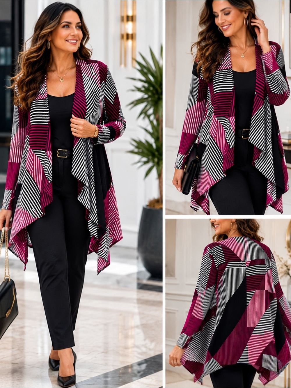 Lane Bryant 18/20 Geometric Stripe Waterfall Cardigan Chiffon Like